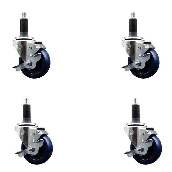 Service Caster 3.5'' SS Solid Poly Swivel 1-1/8'' Expanding Stem Caster Set with Brake, 4PK SCC-SSEX20S3514-SPUS-TLB-118-4 - main